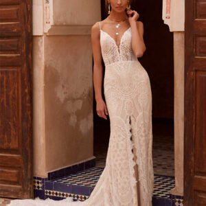 Boho Wedding Dress Lace Lace A-Line Court Train Natural Waist Spaghetti Straps Backless Sleeveless V-Neck Ivory