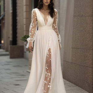 Boho Wedding Dress Lace Lace A-Line Sweep Natural Waist Backless Long Sleeves V-Neck Ivory