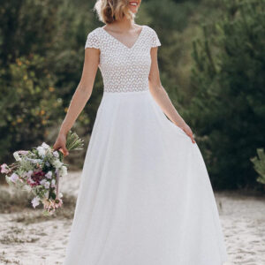 Boho Wedding Dress Lace Lace A-Line Sweep Natural Waist Backless Short Sleeves V-Neck Ivory