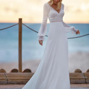 Boho Wedding Dress Lace Lace A-Line With Train Backless Long Sleeves V-Neck Ivory