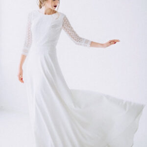 Boho Wedding Dress Lace Lace A-Line With Train Natural Waist Backless Half Sleeves Jewel Neck Ivory