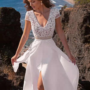 Boho Wedding Dress Satin Fabric Lace A-Line Sweep Raised Waist Backless Short Sleeves V-Neck Ivory