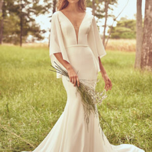 Boho Wedding Dress Satin Fabric Sash Mermaid Sweep Natural Waist Backless Short Sleeves V-Neck Ivory