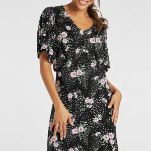 Bonmarche Black Floral Spot Print Jersey Tea Dress, Size: 14