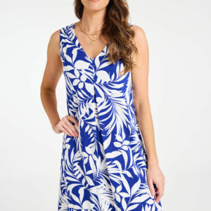 Bonmarche Bright Blue Palm Print Jersey Pleated Sundress, Size: 26 -Holiday Shop