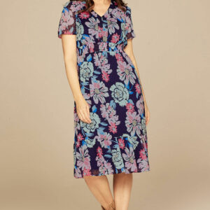 Bonmarche Navy Floral Print Shirred Waist Tiered Dress, Size: 22