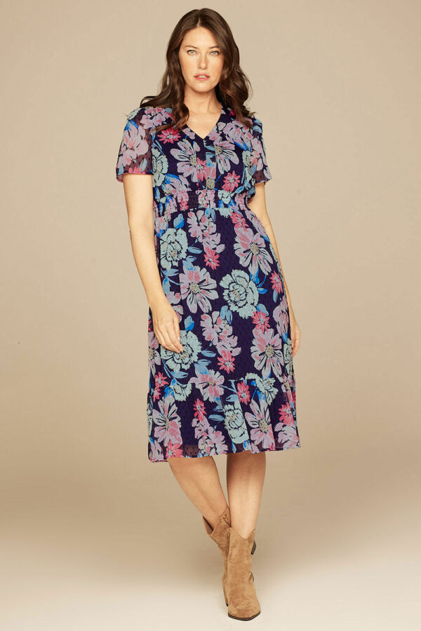 Bonmarche Navy Floral Print Shirred Waist Tiered Dress, Size: 22