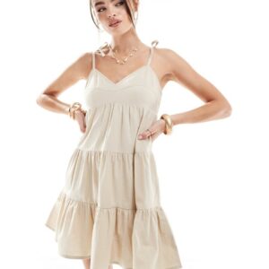 Brave Soul tiered linen look mini dress in stone-White