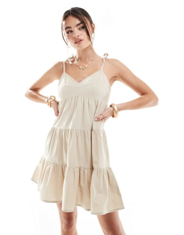 Brave Soul tiered linen look mini dress in stone-White