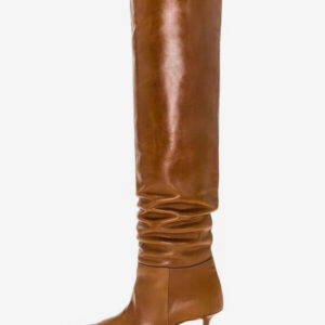 Brown Slouch Knee High Boots Pointed Toe Mid Heel Boots