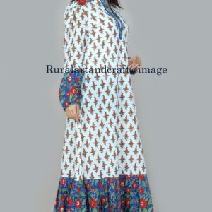 Women Hand Block Print Umbrella Cut Maxi Dress Cotton Long Gown Dress