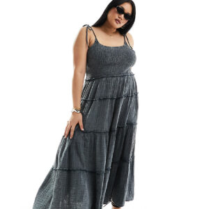 COLLUSION Plus double cloth shirred tiered cami maxi sun dress in washed blue