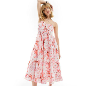 COLLUSION floral print tiered cami midi sun dress in pink-White