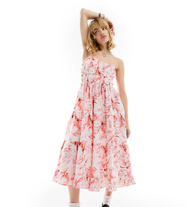 COLLUSION floral print tiered cami midi sun dress in pink-White