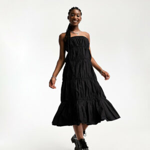 COLLUSION gathered tiered bandeau midi dress in black