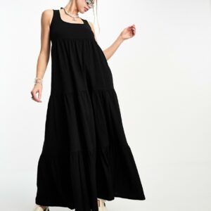 COLLUSION square neck tiered maxi dress in black