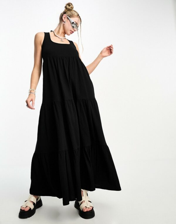 COLLUSION square neck tiered maxi dress in black