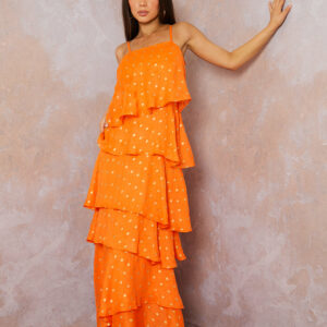 Cami Foil Spot Print Tiered Maxi Dress in Orange - 6