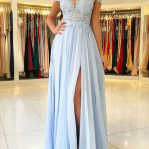 Chiffon Evening Dress A Line V Neck Floor Length Split Front Party Dresses Prom Dresses