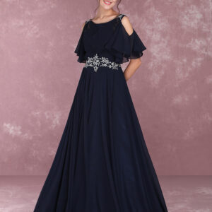 Chiffon Evening Dresses Dark Navy Beading Mothers' Dresses Cold Shoulder Pleated Floor Length Wedding Guest Dress