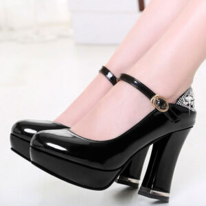 Classic Lolita Pump Rhinestone Cut Out Ankle Strap Patent Platform Chunky Heel Lolita Shoes