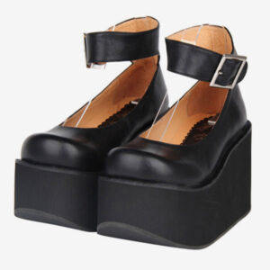 Classic Lolita Shoes Ankle Strap Buckle Square Toe Platform Black Lolita Flatform