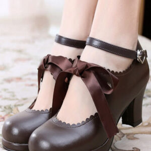 Classic Lolita Shoes Square Toe Platform Prism Heel Bows Deep Brown Lolita Shoes