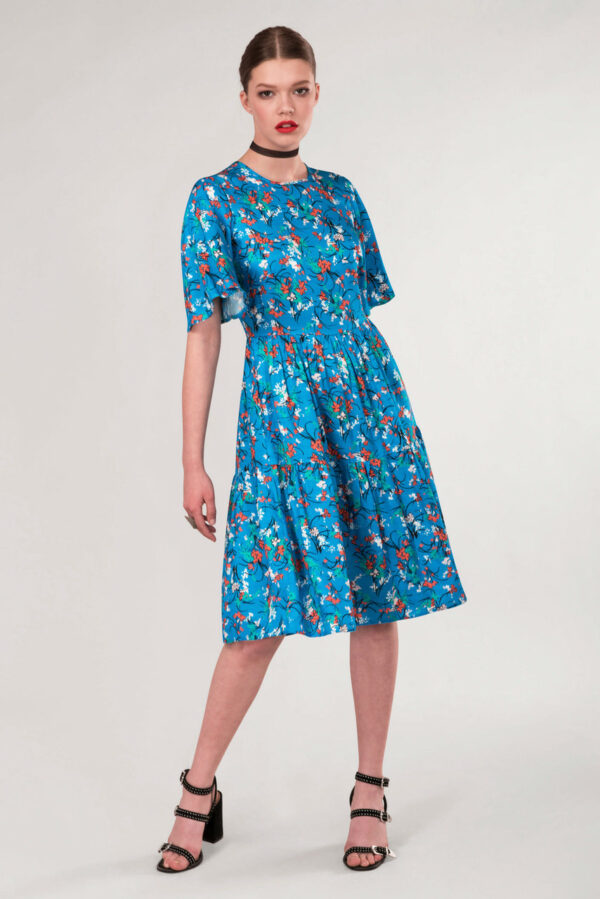 Closet London Blue Floral Tiered Flared Sleeve Dress