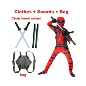 (Clothes + Swords + Bag , 6-7 years (120cm?) Kids Deadpool Costume Mask Bodysuit Boys Superhero Cosplay Party Fancy Dress