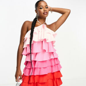 Collective the Label Petite exclusive tiered ruffle mini dress in pink and red ombre