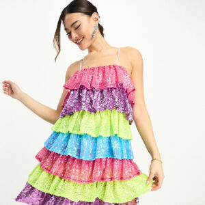 Collective the Label exclusive tiered mini dress in rainbow sequin-Multi