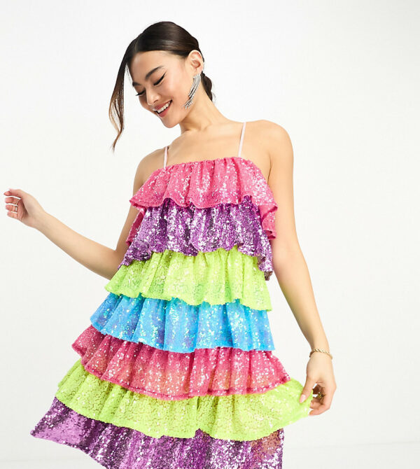 Collective the Label exclusive tiered mini dress in rainbow sequin-Multi