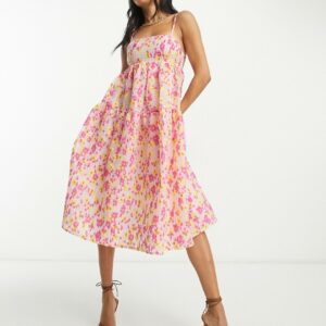 Collective the Label tiered smock dress in textured bright floral-Pink