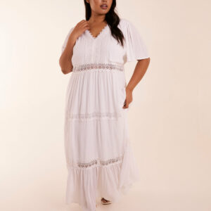 Curve Angel Sleeve Tiered Midi Dress - 18 / WHITE