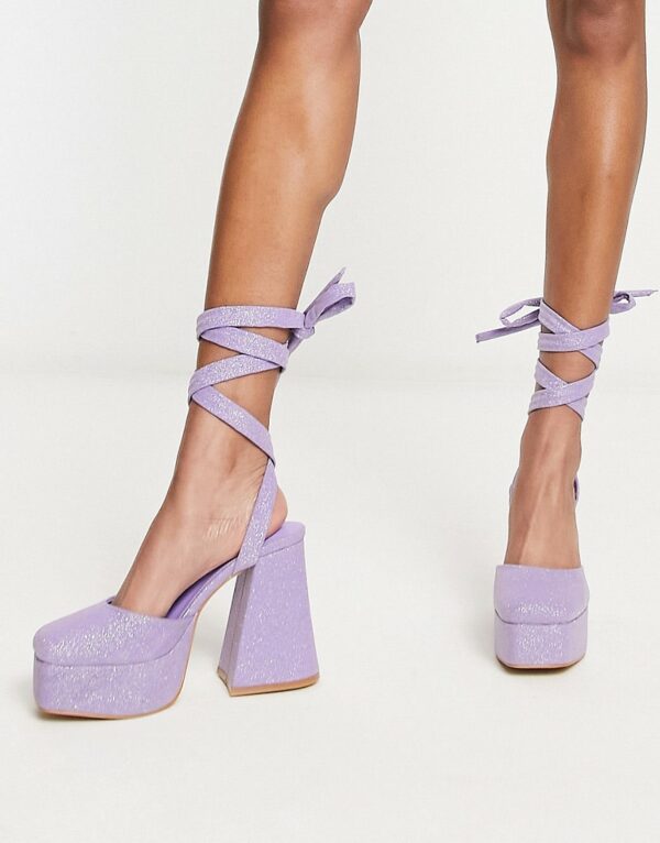 Daisy Street platform flared heeled shoes in lilac glitter-Purple