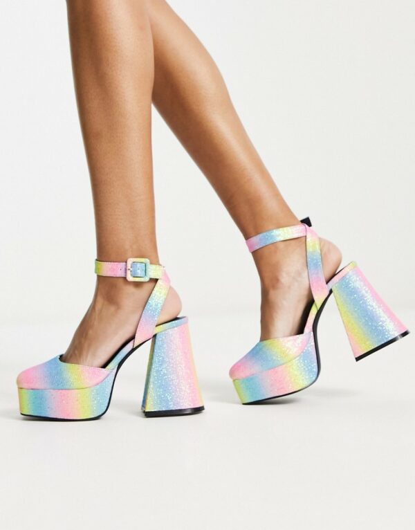 Daisy Street platform flared heeled shoes in rainbow glitter-Multi