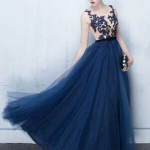 Dark Navy Prom Dresses Long Tulle Evening Dress Lace Illusion Floor Length Formal Dress