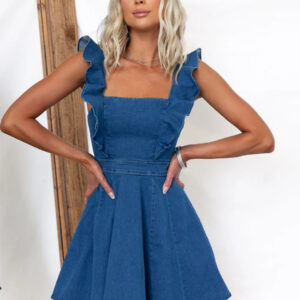 Denim Summer Dress Ruffles Backless Adjustable Day Casual Short Dresses