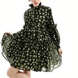 Dream Sister Jane Nostalgic floral tiered dress in black and green