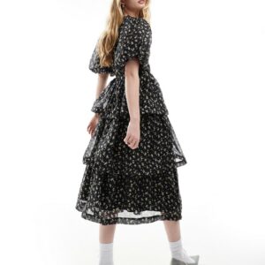 Dream Sister Jane puff sleeve tiered midi dress in black floral