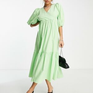 Edited cotton tiered smock dress with balloon sleeves in lime green - LGREEN