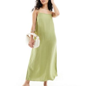 Edited linen mix trapeze midaxi dress in olive-Green