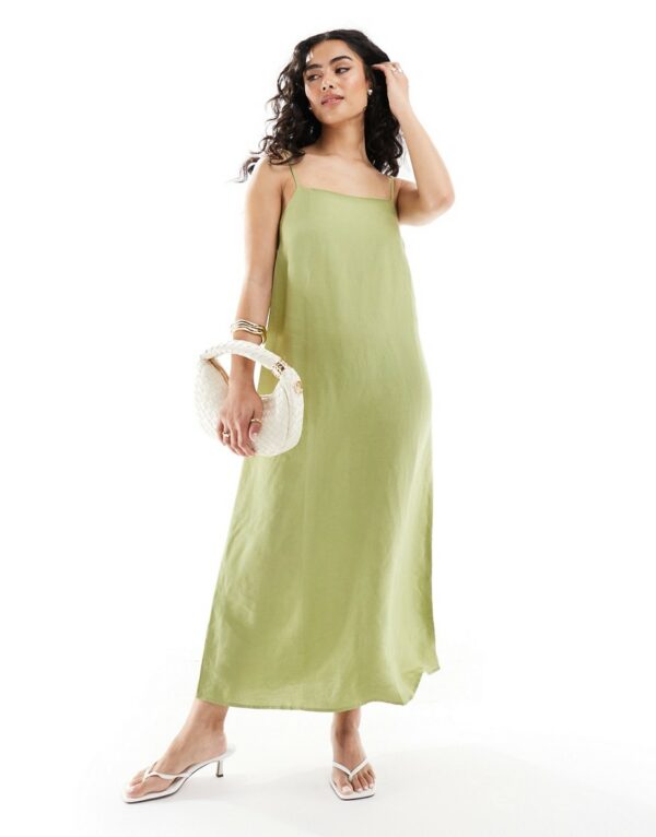 Edited linen mix trapeze midaxi dress in olive-Green