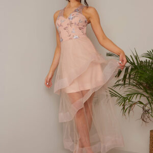 Embroidered Floral Tiered Dip Hem Dress in Pink - 10