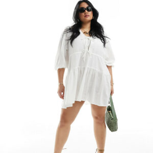 Esmee Curve beach tiered smock mini dress with tie front detail in white