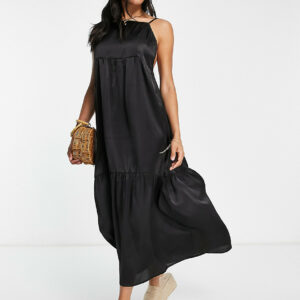 Esmee Exclusive beach maxi tiered summer dress with low back in black