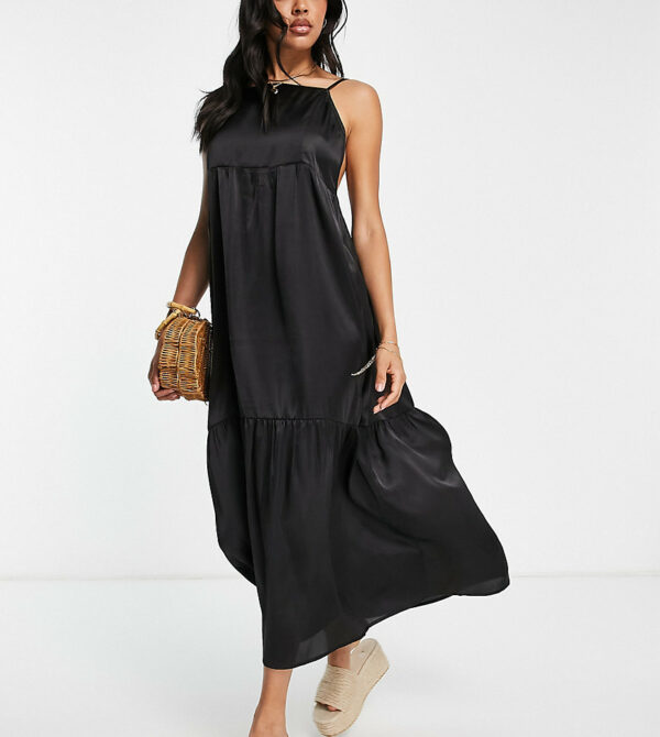 Esmee Exclusive beach maxi tiered summer dress with low back in black