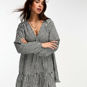 Esmee Exclusive beach tiered smock mini summer dress in black and white gingham-Multi