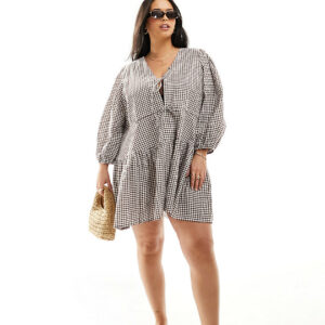 Esmee Plus beach tiered smock mini dress with tie front detail in dark brown gingham