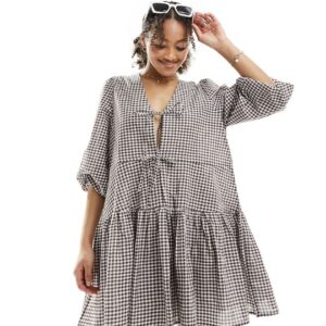 Esmee beach tiered smock mini dress with tie front detail in dark brown gingham